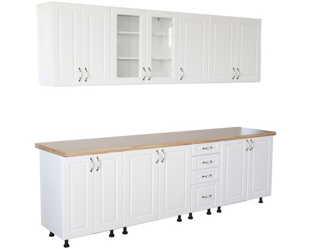 Bucatarie Zebra 260 cm din MDF Alb Lucios cu blat termoizolant imitatie crem